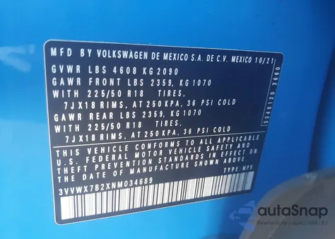 2022 Volkswagen Taos 1.5T Se from USA, damaged, VIN 3VVWX7B2XNM034689